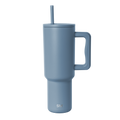 Slate blue insulated tumbler with tapered cylindrical design and minimalist contemporary aesthetic