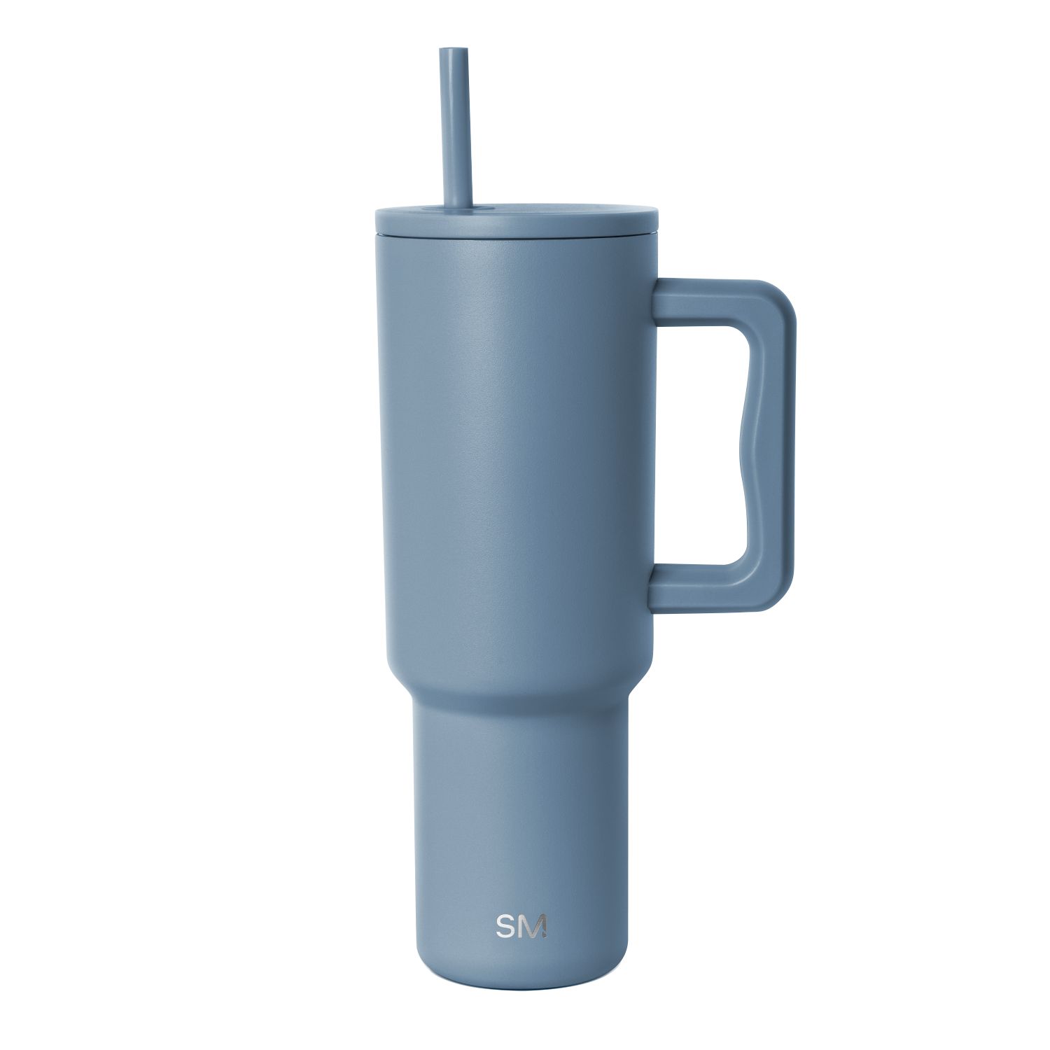 Slate blue insulated tumbler with tapered cylindrical design and minimalist contemporary aesthetic