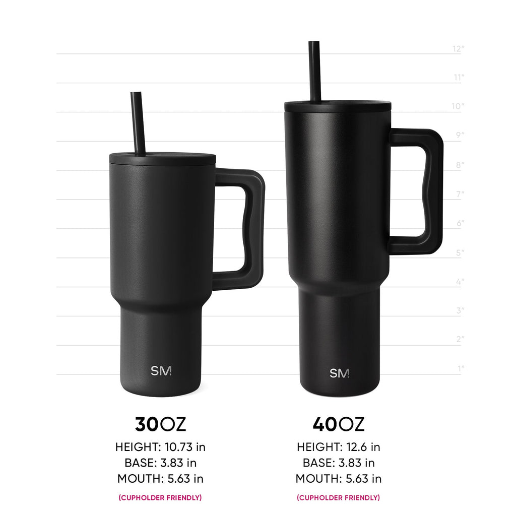 Two matte black Trek Tumblers displayed side-by-side for size comparison: 30oz tumbler on left (10.73" height) and 40oz tumbler on right (12.6" height). Both feature integrated straws, ergonomic handles, SM logo, and